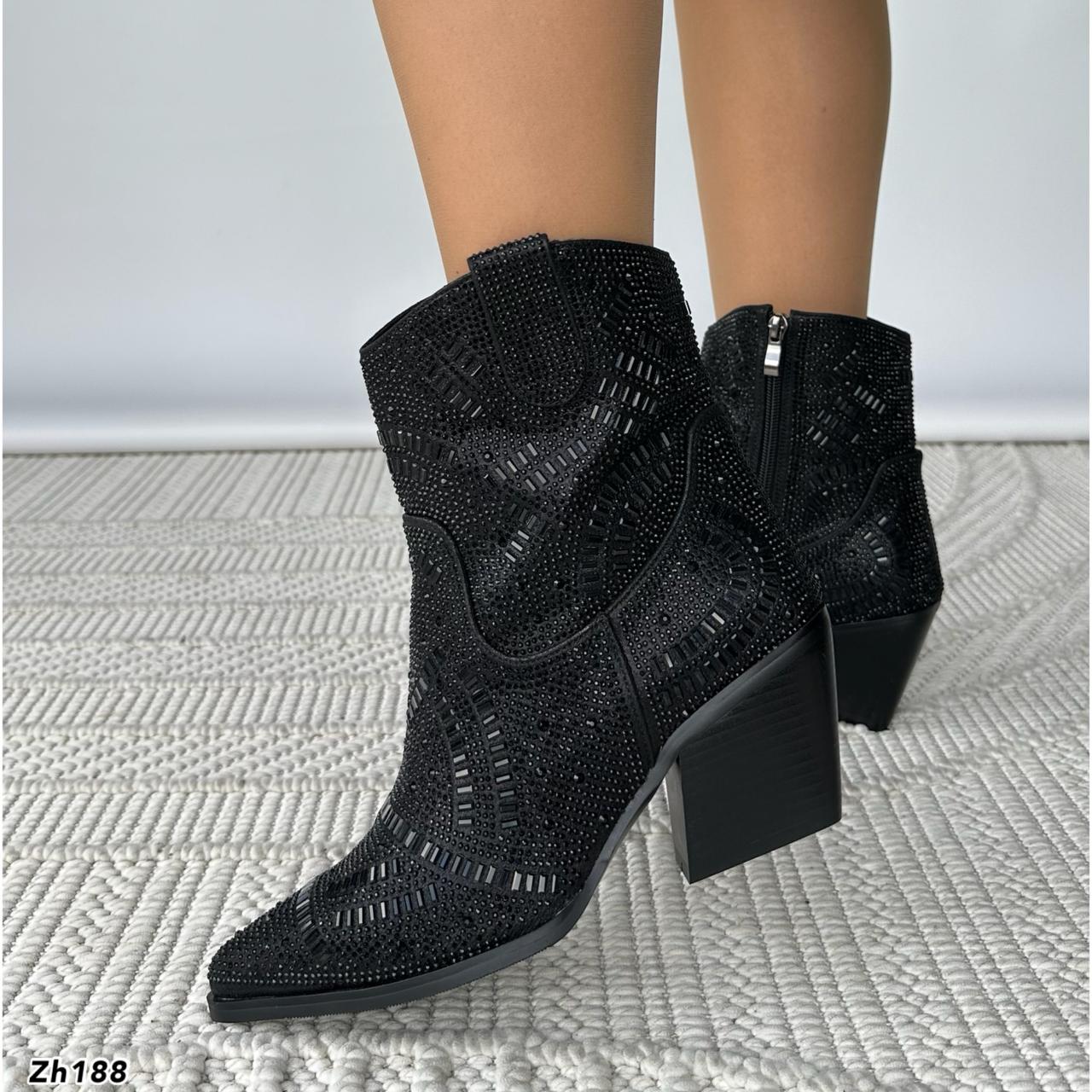 Botin texano negro apliques brillante tacon 7cm HX3108-B9464